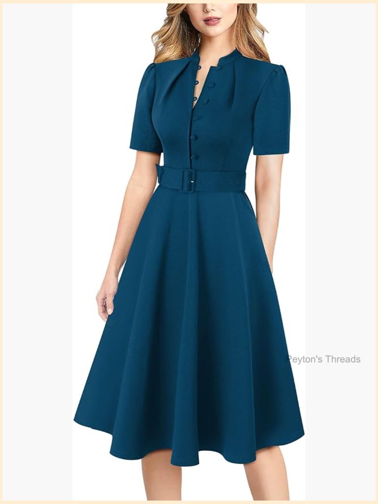 Womens Belted Pockets Fit And Flare A-Line Dress With Puff Shoulders